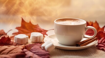 Coffee with Marshmallows and Autumn Leaf. AI generated