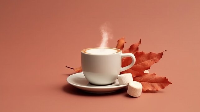 Coffee with Marshmallows, Autumn Leaf, and Cookie. AI generated