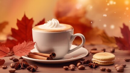 Coffee with Marshmallows, Autumn Leaf, and Cookie. AI generated