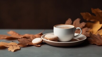 Coffee Scene with Marshmallows, Autumn Leaf, and Cookie. AI generated
