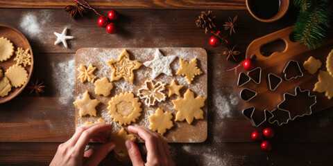 Close up of a woman hands making Christmas gingerbread cookies - obrazy, fototapety, plakaty