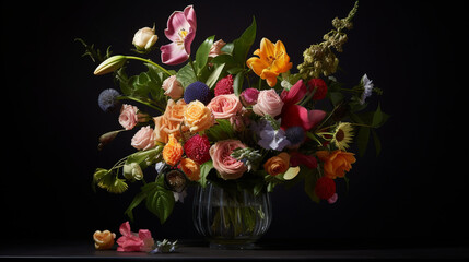 a bouquet of vibrant flowers arranged against a dark background