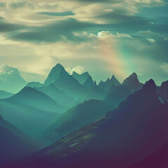 Mountain peaks, rainbows, staggered peaks, some clouds