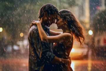 Couple sharing passionate kiss in rain, showcasing deep emotional connection, authenticity, and romantic love. A profound moment of emotional intimacy - obrazy, fototapety, plakaty
