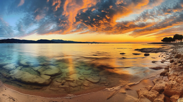 A panoramic image of a vibrant sunset at the beach
