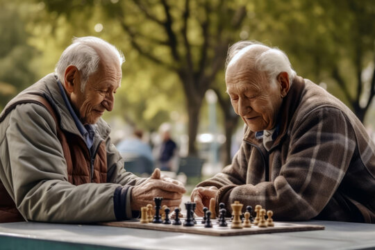 Elderly friends engaged in a strategic chess game outdoors, showcasing the vitality of senior life, companionship, and intellectual challenge