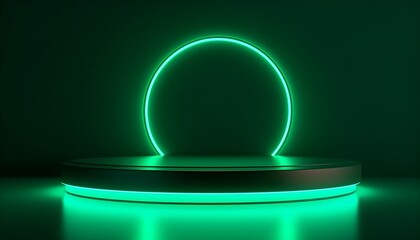 Beautiful minimalistic dark background for product presentation with podium and green neon lights (KI-/AI-generiert) - obrazy, fototapety, plakaty