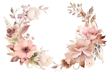 Watercolor floral wreath, in the style of soft and dreamy atmosphere, made of flowers iolated on white background. Image created with Generative AI technology