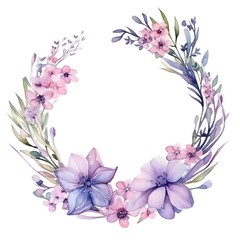 Watercolor floral wreath, in the style of soft and dreamy atmosphere, made of flowers iolated on white background. Image created with Generative AI technology