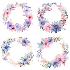 Watercolor floral wreath, in the style of soft and dreamy atmosphere, made of flowers iolated on white background. Image created with Generative AI technology