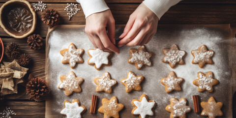 Close up of a woman hands making Christmas gingerbread cookies