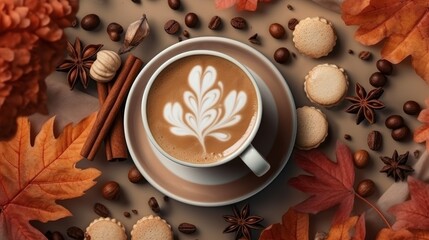 Coffee Composition with Marshmallows, Autumn Leaf, and Cookie. AI generated