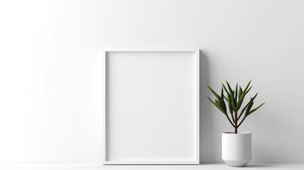 empty square frame mockup positioned on a white wall in a modern The frame stands as a blank canvas