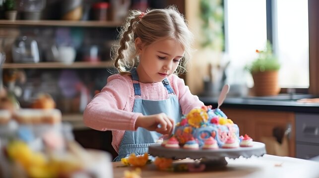 Child decorate a birthday cake, celebration