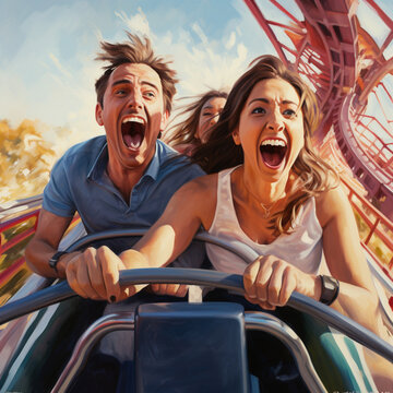 Happy people on a roller coaster. Generative AI.