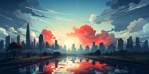Fototapeta premium Modern city flat vector landscape created with Generative AI technology