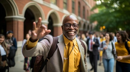 Candid capture of a professor warmly welcoming students