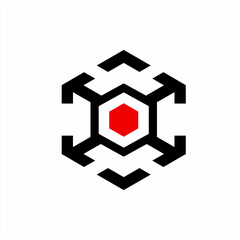 Abstract box logo design with hexagons and arrows.