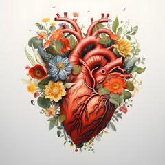 Naklejka premium Illustration of a biological heart surrounded by flowers, in the style of photorealistic compositions, colorful palette, dynamic anatomy created with Generative AI technology