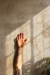 Photorealistic depiction of a hand's shadow on a textured wall, representing communication - Generative AI