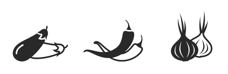 eggplant, onion and hot chili pepper icons. vegetable, organic food and agriculture symbols