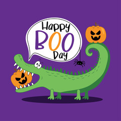 Happy Boo Day - Funny alligator and jack o lantern and speech bubbles. Spooky spider and pumpkins. Islolated on purple background. Halloween decoration.