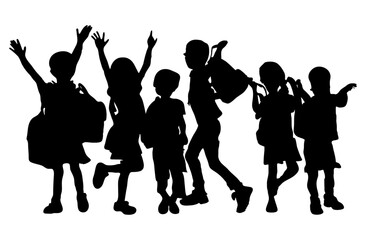 Naklejka na ściany i meble Vector silhouette of Group of children carrying school bags going to school on white background. Symbol of school and education, back to school