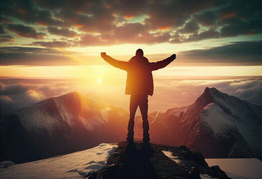 Success in a majestic sunrise at the top of the mountain. High quality photo