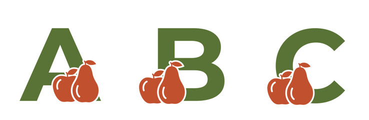 abc capital letters with apple and pear. fruit and organic food alphabet design. gardening and harvest design © Назарій