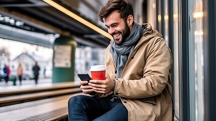 Smiling young man using digital tablet in city