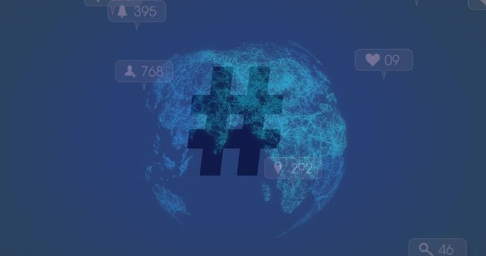 Animation of social media icons falling over hashtag symbol and spinning globe on blue background