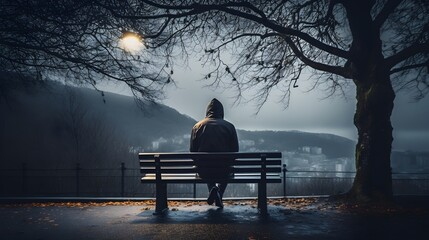 A person is sitting alone on a bench in an empty park, there are huge mountains in front of him - Generative AI - Powered by Adobe