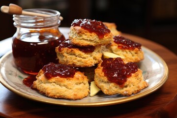 homemade scones with jam and butter on a plate - obrazy, fototapety, plakaty