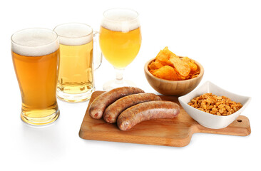 Glasses and mug of cold beer with different snacks on white background. Oktoberfest celebration