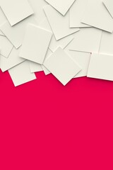 Scattered sheets of paper on a red background