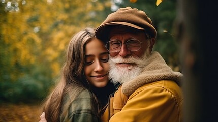 Fototapeta premium Elder man hug with his granddaughter