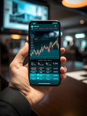 Fototapeta na wymiar Holding Smartphone and Checking Stock and Cryptocurrency Market in Office.
