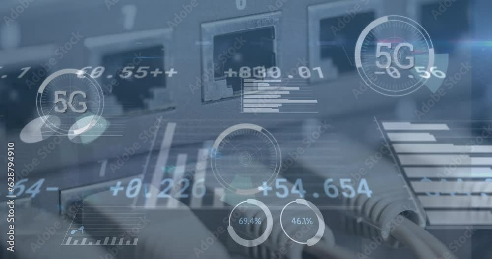 Poster animation of 5g text banners and statistical data processing against close up of a computer server