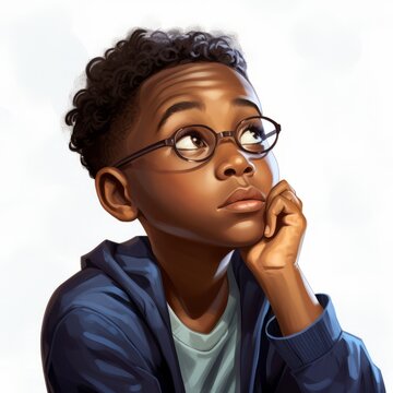 Black boy in thinking and doubts pose cartoon illustration. Young male character with dreamy face on abstract background. Ai generated bright cartoonish poster.