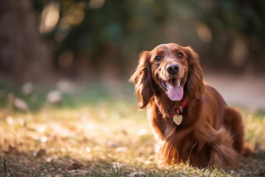 Suburban Happy Summer Dog Portait In An Outside Summer Home Yard