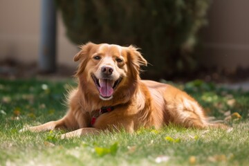 wide shot depth of field portrait of a happy golden retriever dog in a suburban neighborhood yard