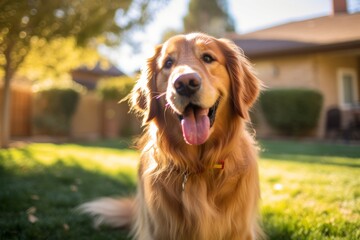 happy golden retriever in a tranquil neighborhood yard summer portrait