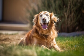 happy golden retriever in a tranquil neighborhood yard summer portrait