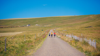 family walking on the road in the country- Auvergne, Cantal in France- travel,tourism or family hiking concept