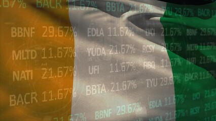 Animation of stock market data processing against waving ivory coast flag - Powered by Adobe
