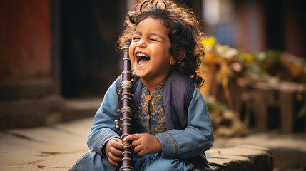 The adorable flutist! A young child giggling while trying to play the flute, creating heartwarming melodies Generative AI