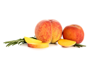 Fototapeta na wymiar Fresh peaches and rosemary on white background