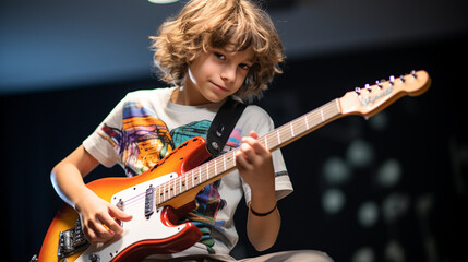 Obraz premium Musical improvisation at its finest! A young guitarist's imaginative and whimsical play Generative AI