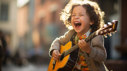 From the heart! A child's pure joy and laughter while strumming their guitar with delight Generative AI - obrazy, fototapety, plakaty