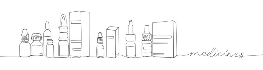 Medicine set. Spray, drops, cough syrup, constipation syrup, herbal tincture, medicine one line art. Continuous line drawing of medicine, therapy, allergy with inscription, lettering, handwritten.